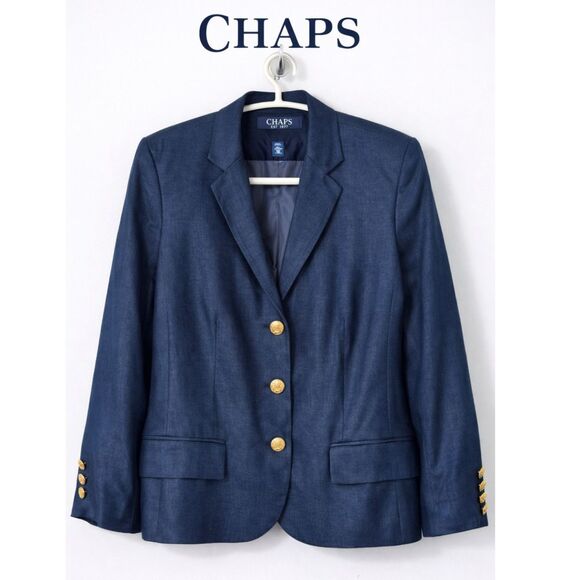 Chaps Jackets & Blazers - Chaps Navy Linen Blazer Gold Crest Nautical Academia Buttons Preppy Size 14